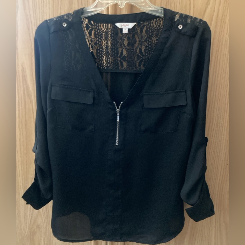 Candie's Women's Silky Long Sleeve Lace Blouse